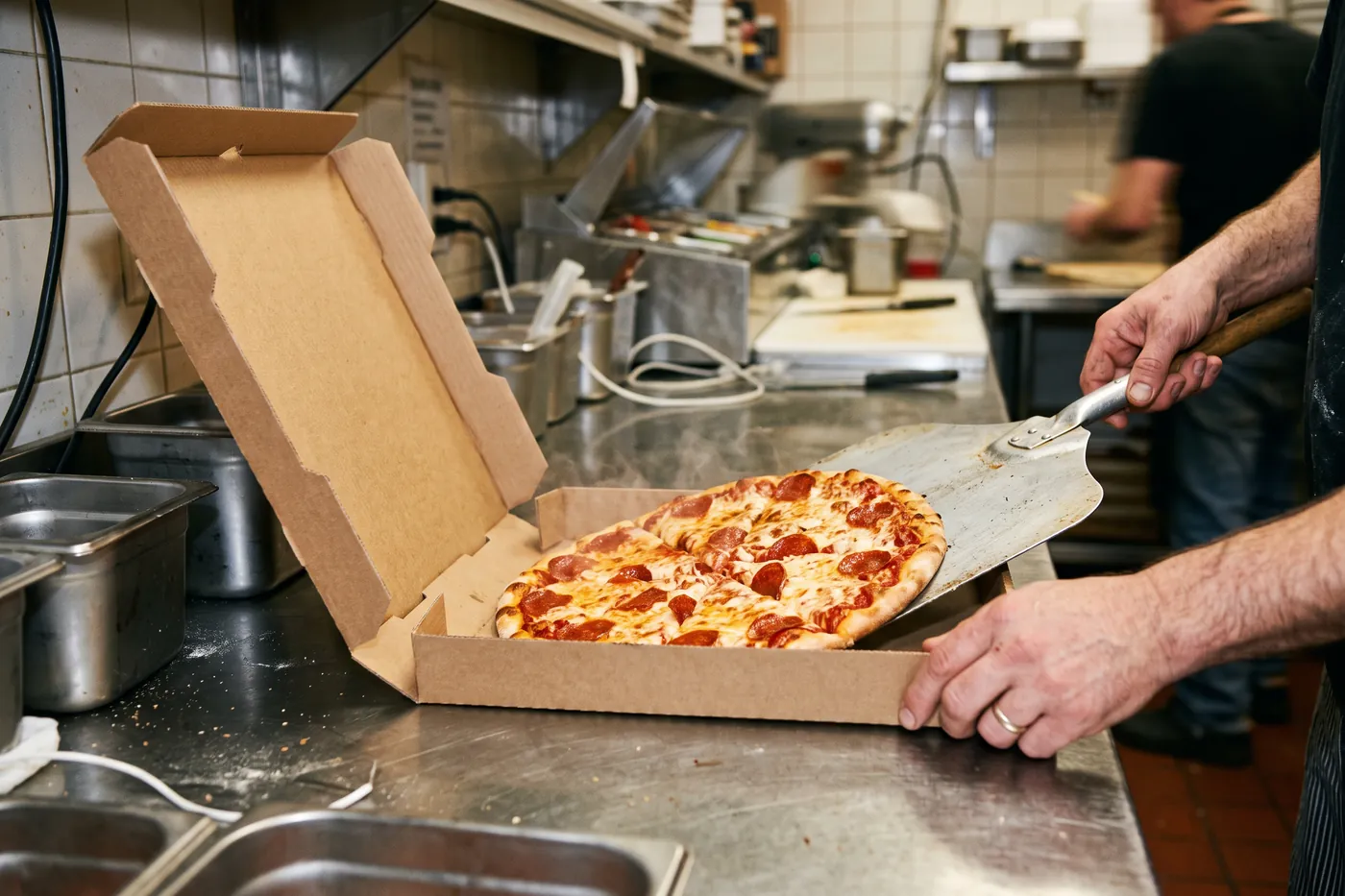 A cut pepperoni pizza being slid off a metal peel into an open kraft cardboard box on a stainless counter, steam still coming off it.