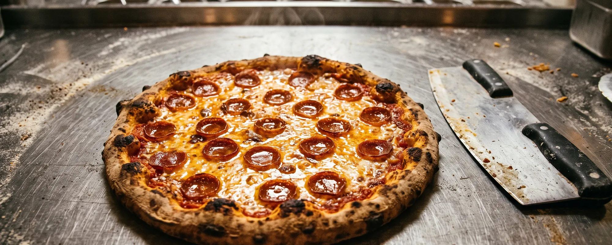 A just-baked pepperoni pizza resting on a scratched stainless steel table with a steel rocker knife beside it, cheese still glossy and oil pooled in the pepperoni cups.