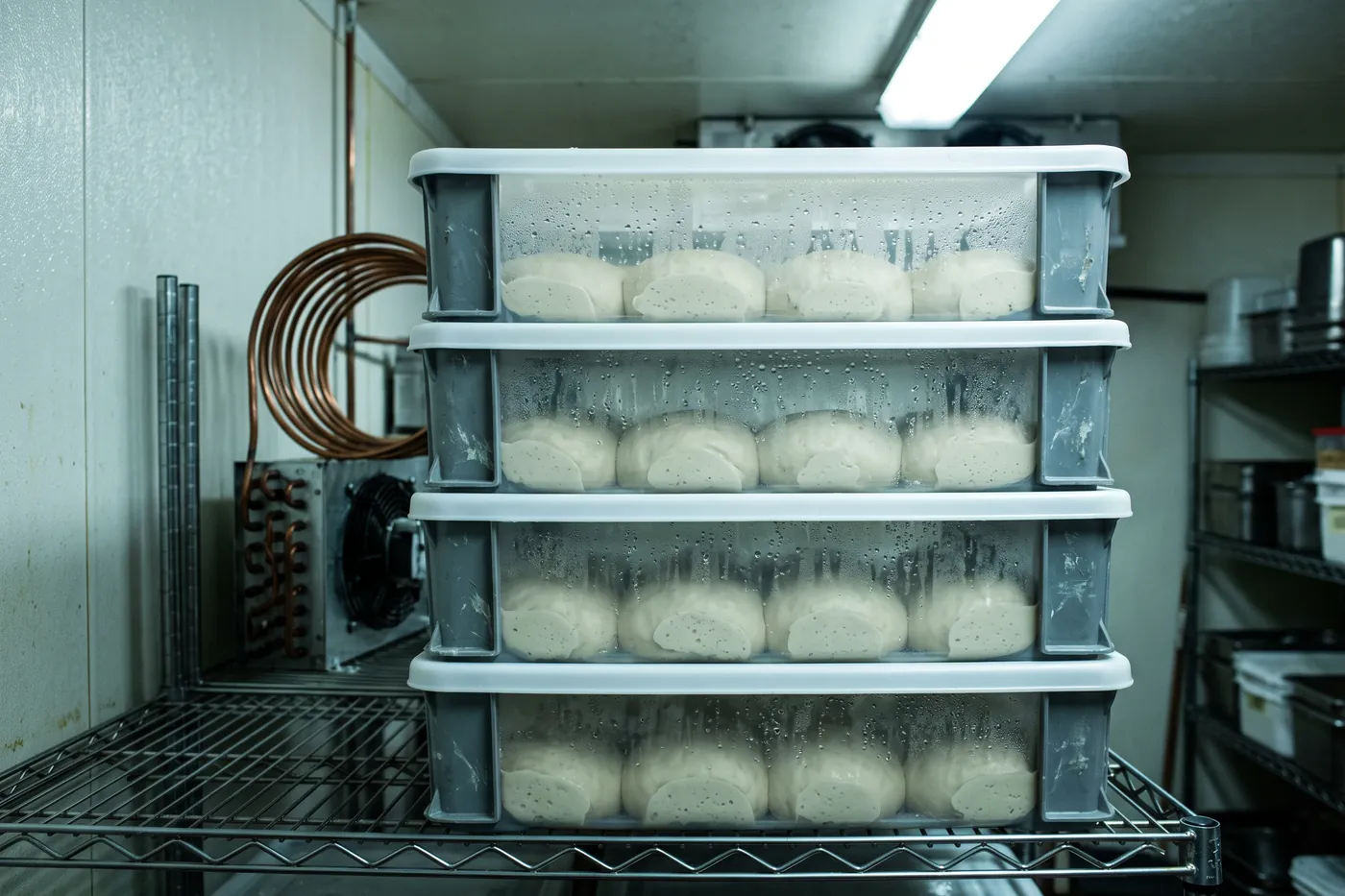 Grey bus tubs stacked four high in a walk-in cooler, each holding a dozen pale pizza dough balls that have risen and gone slack.