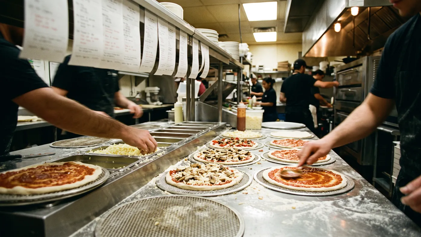 A stainless steel pizza make table during a rush, seven mesh screens lined up each holding a pizza at a different stage, flour scattered across the steel and cooks' hands reaching for cheese.