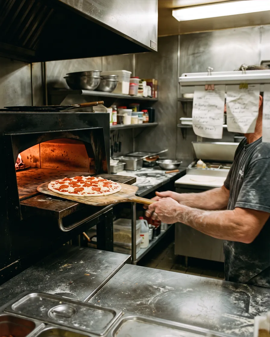 A cook's flour-dusted forearms sliding a raw pepperoni pizza off a wooden peel into the glowing mouth of a gas deck oven.